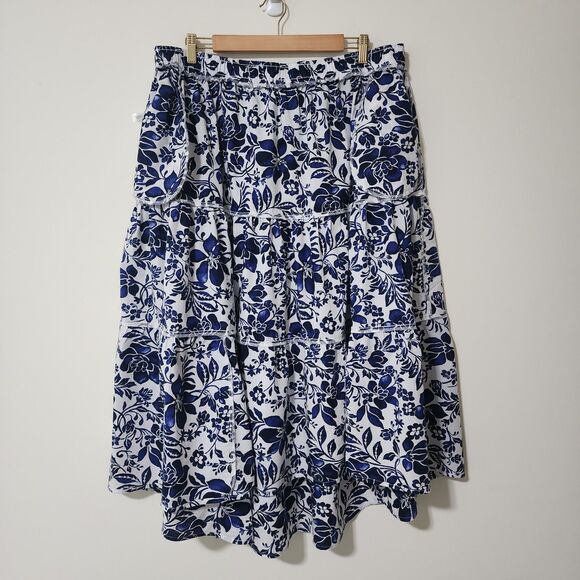 Lane Bryant Womens Cotton Tiered Midi Skirt Blue Floral High-Low Unlined 18/20 - Picture 3 of 7